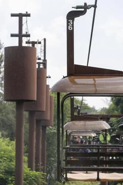Rusty old cable car, cable car ride in the rain, views of the canyon, vegetation Stock Photos