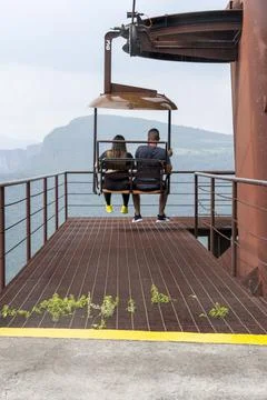 Rusty old cable car, cable car ride in the rain, views of the canyon, vegetation Stock Photos