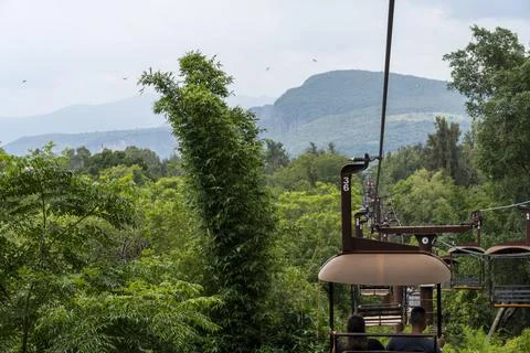 Rusty old cable car, cable car ride in the rain, views of the canyon, vegetation Foto stock