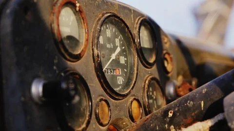 Rusty old car speedometer in the rays of the setting sun Stock Footage 108396019