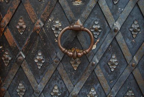 Rusty Old Diamond Plate Pattern Iron Steel Metal Storm Drain Door Stock Photos