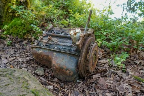 Rusty old engine block discarded in woodland Stockfoto's
