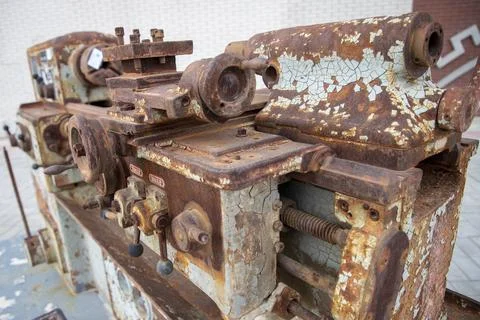Rusty Old Lathe Machine, Vintage Industrial Equipment Stock Photos