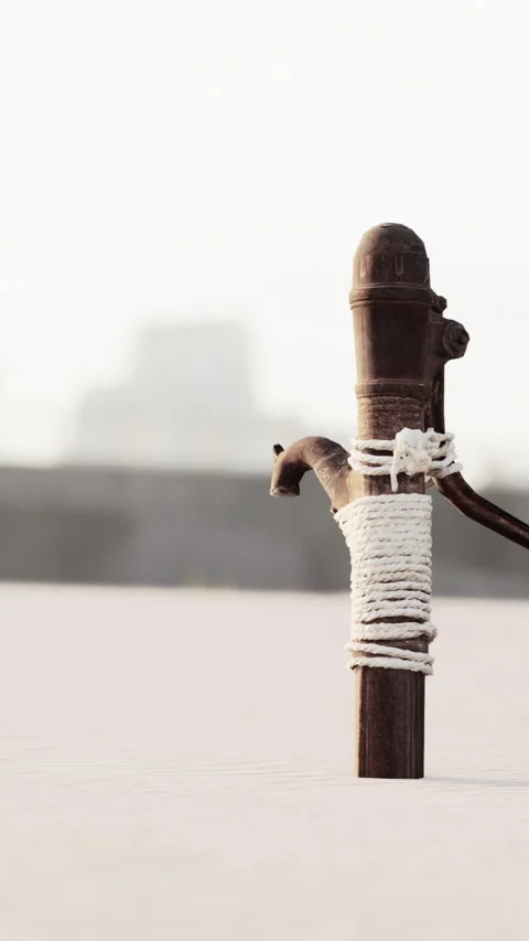 Rusty old metal water pump on sand beach Stock Footage 279139371