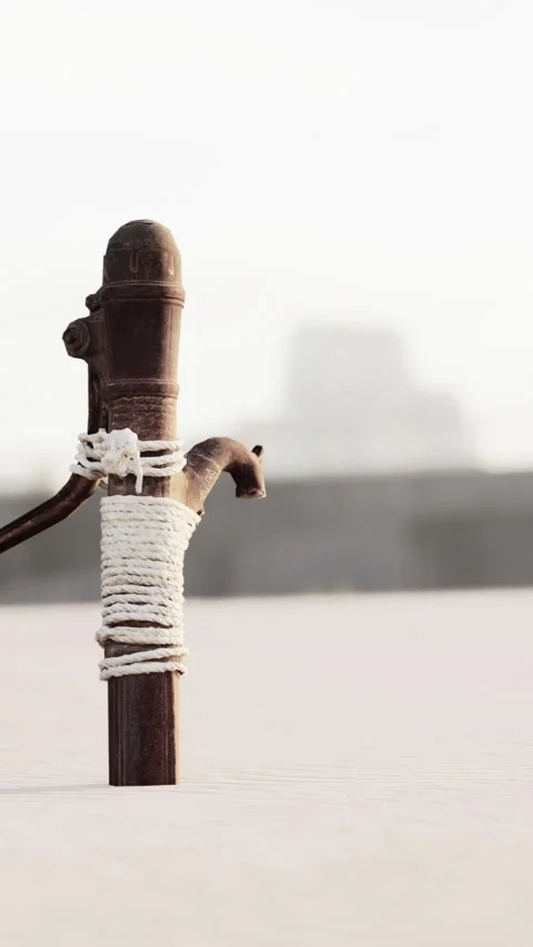 Rusty old metal water pump on sand beach Stock Footage 280464493