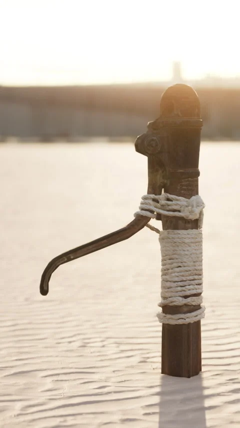 Rusty old metal water pump on sand beach Stock Footage 286090928