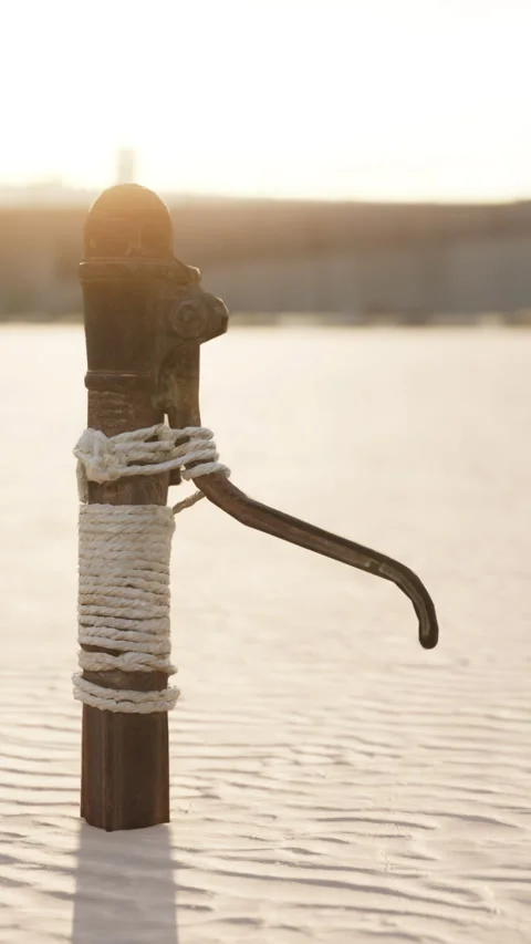 Rusty old metal water pump on sand beach Stock Footage 294998615