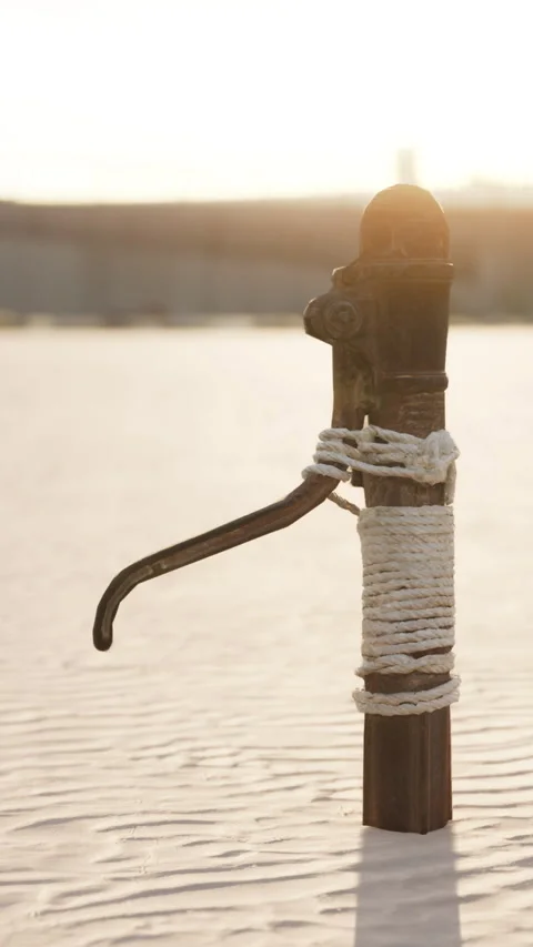 Rusty old metal water pump on sand beach Stock Footage 306123805