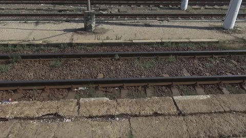Rusty old outdated rails in station train start moving train in motion transit 스톡 동영상 71049338