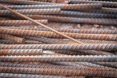Rusty old rebar steel used in construction. Stock Photos