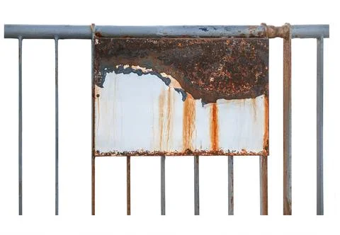 Rusty old sign with copy space on a metal fence isolated on white Stock Photos
