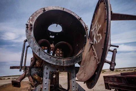 Rusty old steem train at train cemetery in Bolivia Stock Photos
