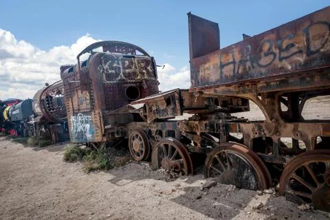 Rusty old steem train at train cemetery in Bolivia Stock Photos