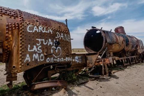 Rusty old steem train at train cemetery in Bolivia Stock Photos