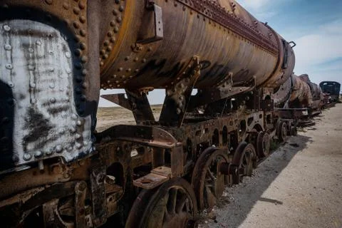 Rusty old steem train at train cemetery in Bolivia Stock Photos