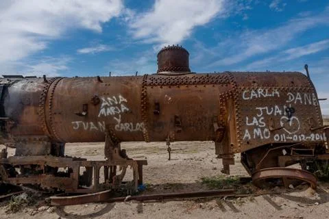 Rusty old steem train at train cemetery in Bolivia Stock Photos