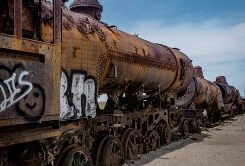 Rusty old steem train at train cemetery in Bolivia Stock Photos