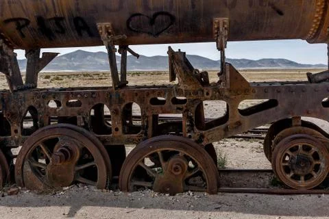 Rusty old steem train at train cemetery in Bolivia Stock Photos