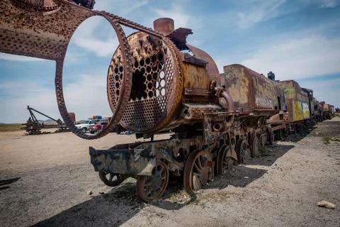 Rusty old steem train at train cemetery in Bolivia Stock Photos