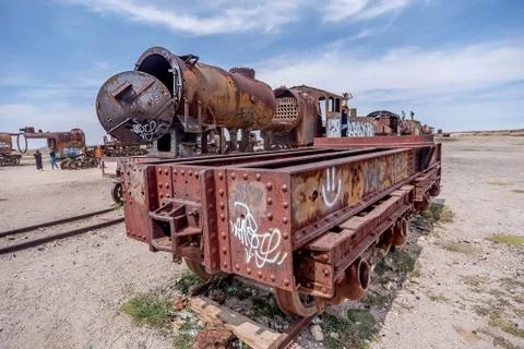 Rusty old steem train at train cemetery in Bolivia Stock Photos