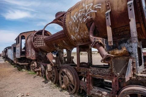 Rusty old steem train at train cemetery in Bolivia Stock Photos