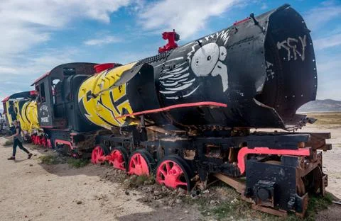 Rusty old steem train at train cemetery in Bolivia Stock Photos