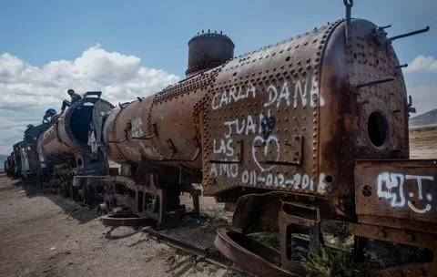 Rusty old steem train at train cemetery in Bolivia Stock Photos