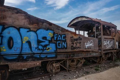 Rusty old steem train at train cemetery in Bolivia Stock Photos