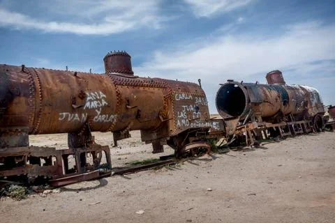 Rusty old steem train at train cemetery in Bolivia Stock Photos