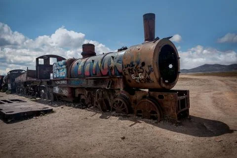 Rusty old steem train at train cemetery in Bolivia Stock Photos