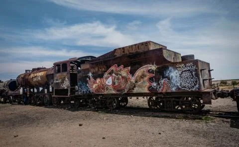 Rusty old steem train at train cemetery in Bolivia Stock Photos