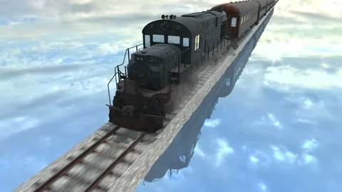 Rusty old train on the road through a lake view 3 of 5 Stock Footage 97304188