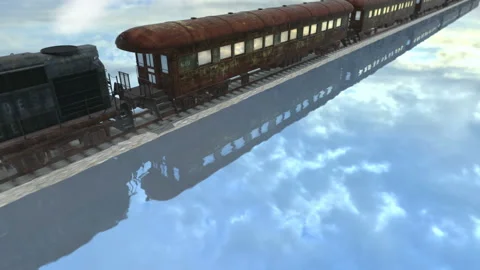 Rusty old train on the road through a lake view 2 of 5 Stock Footage 97304221