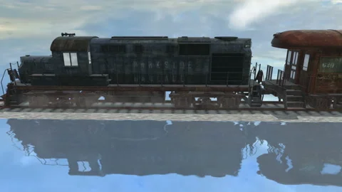 Rusty old train on the road through a lake view 1 of 5 Stock Footage 97304241