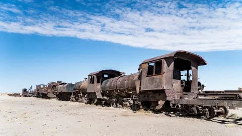 Rusty old train at the Train Cemetery in Uyuni desert, Bolivia, South America Stock Photos