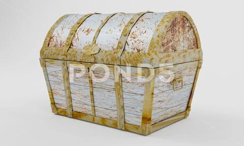 Old wooden chest box with treasure isolated on white background