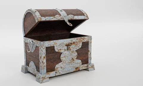 Rusty old treasure box or wooden treasure chest. Isolated on white background Stock Illustration
