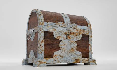 Rusty old treasure box or wooden treasure chest. Isolated on white background Illustrazione stock