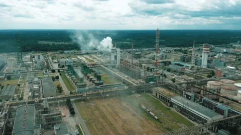 Rusty Old Working Factory, Huge Aeria, Smoke and Air Pollution, Smokestacks Stock-Footage 203845797