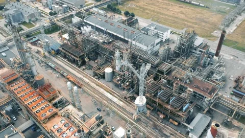 Rusty Old Working Factory, Huge Aeria, Smoke and Air Pollution, Smokestacks Stock-Footage 203845836