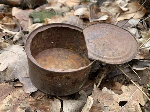 Rusty open tin can. An old iron can of canned food. Fotos Stock