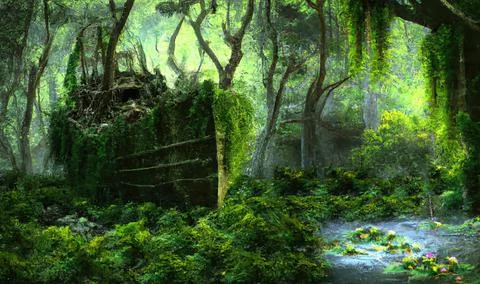 Rusty overgrown shipwreck in lavish forest with pond lake Stock Illustration