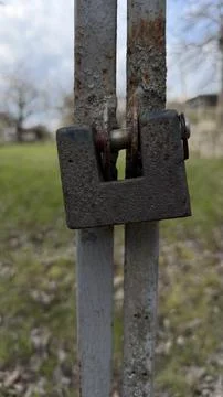 Rusty Padlock on Metal Gate Closeup Security and Protection Concept Stock Photos