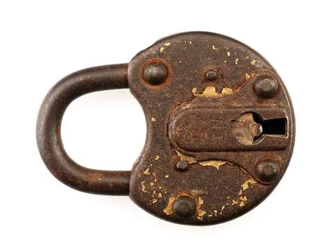 Rusty padlock on a white background. Stock-Fotos
