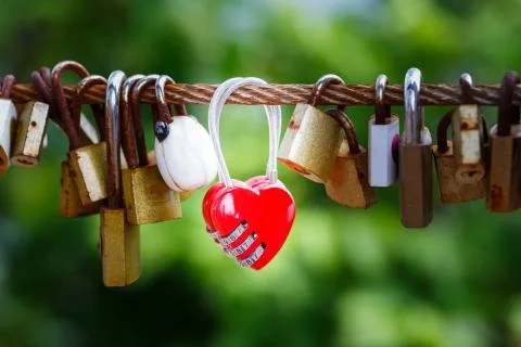 Rusty padlocks hang on sling Stock Photos