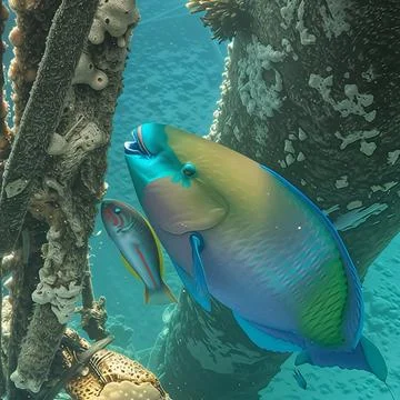 Rusty Parrotfish and Rainbow Wrasse Looking for Food Stock Photos