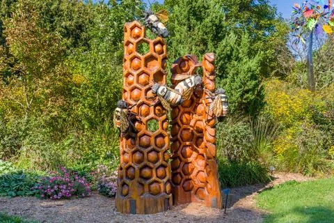 Rusty Patch Bumblebees on Hive Sculpture  at the Green Bay Botanical Garden Stock Photos