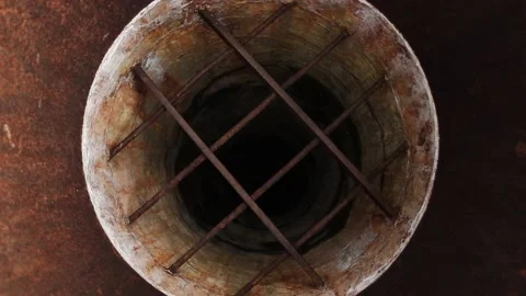 Rusty pipe and grates in the pipe at an abandoned fort in the national park Stock-Footage 142375597