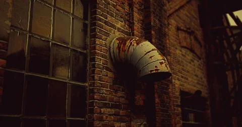 Rusty pipe protruding from a brick wall in an abandoned industrial location Stock Illustration