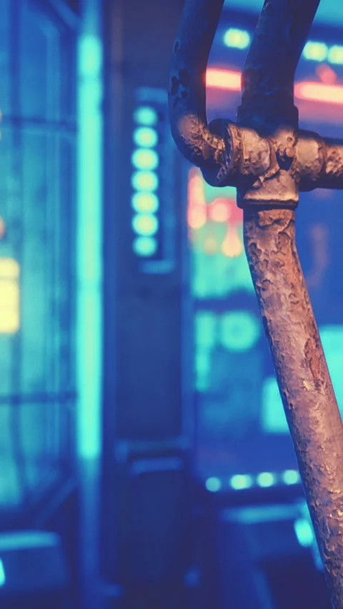 Rusty pipe stands in front of illuminated wall in a dark room with colors Stock Footage 340262167